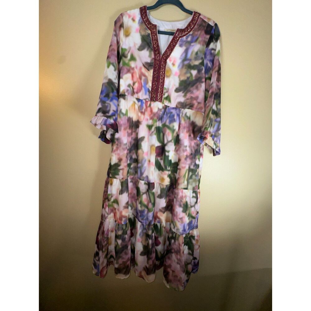 Soft Surroundings Dress, Lavender, pink, burgundy and green with beaded neckline